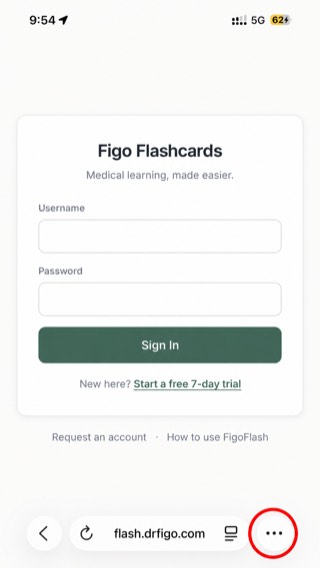 Safari on flash.drfigo.com, with the three-dots button in the address bar circled