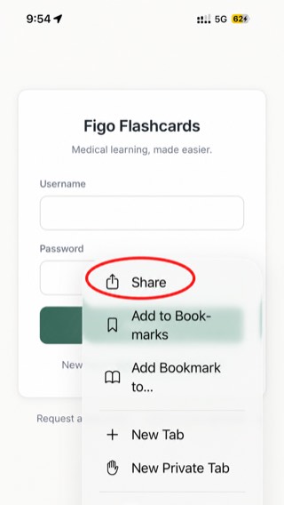 The Safari menu open, with Share circled