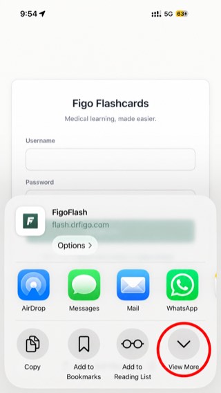 The iOS share sheet, with View More circled