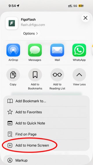 The expanded share sheet, with Add to Home Screen circled